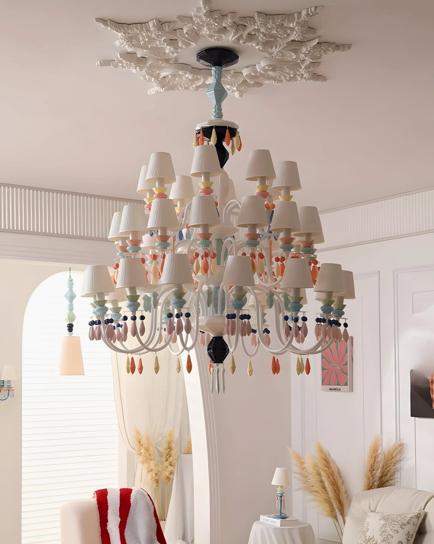 Multi-tier multicolor ceramic chandelier wide room view in French-style residential space with multiple layers