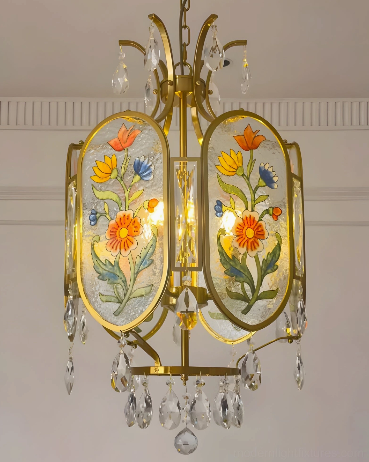 Multicolor hand-painted floral glass pendant creating botanical-inspired ambient lighting in dining environment