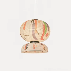 Multicolor Formakami pendant light with eye-level perspective displaying detailed brushwork and stacked lantern silhouette against studio backdrop