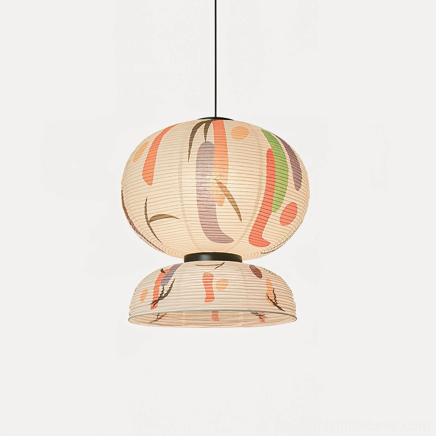 Multicolor Formakami pendant light with eye-level perspective displaying detailed brushwork and stacked lantern silhouette against studio backdrop