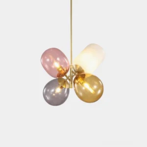 Multi-color glass bubble pendant light with gold metal frame - front studio view of modern chandelier