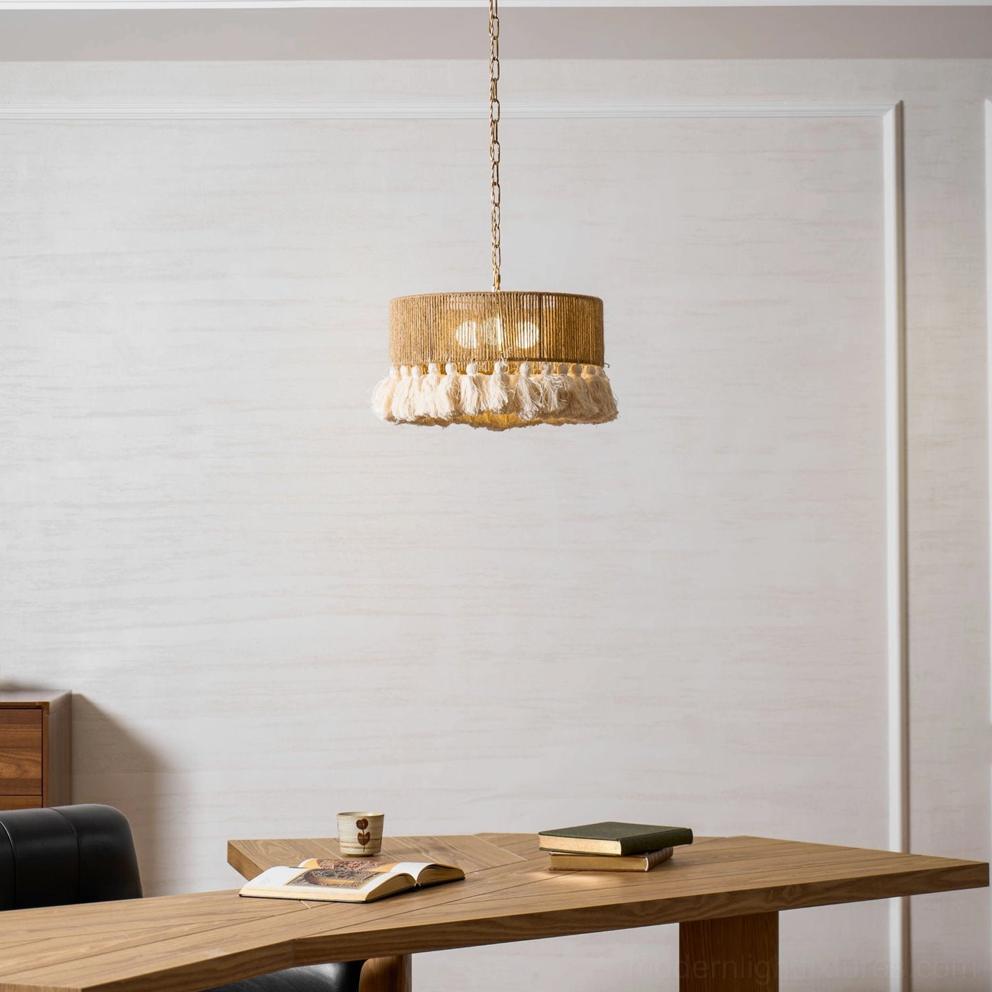 Multiple boho tassel pendant lights arranged together showing scale and variety