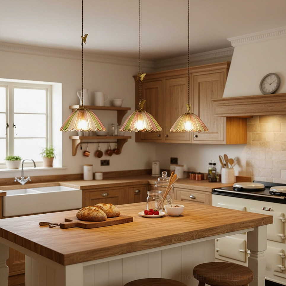 Kitchen island pendant lighting with multiple butterfly pendant lamps in vintage kitchen interior