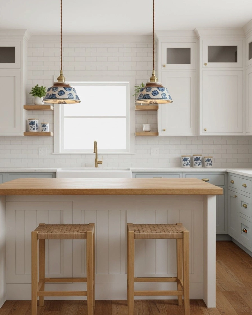 Multiple hand-painted ceramic pendant lights clustered at different heights creating gallery arrangement