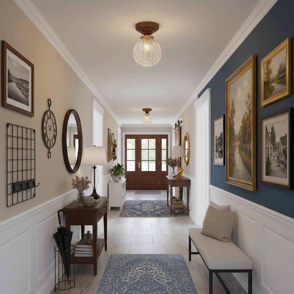 Multiple walnut textured glass ceiling lights installed in decorated home hallway, uniform warm lighting