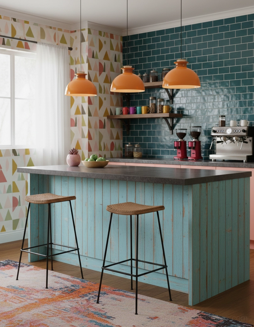 Multiple orange dome pendant lights in modern kitchen bar area with colorful wall tiles