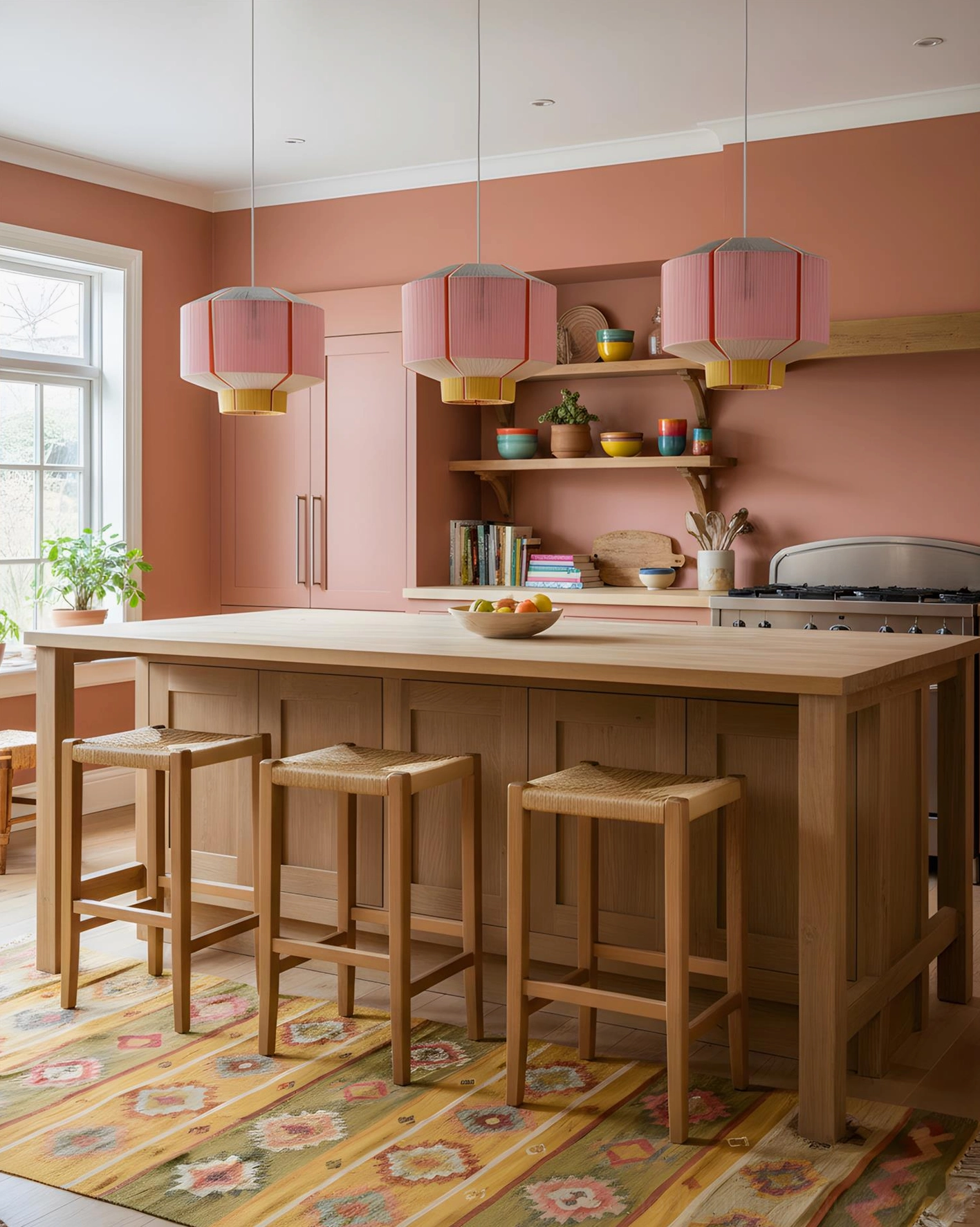 Set of pink geometric pendant lights above wooden kitchen island with terracotta cabinetry