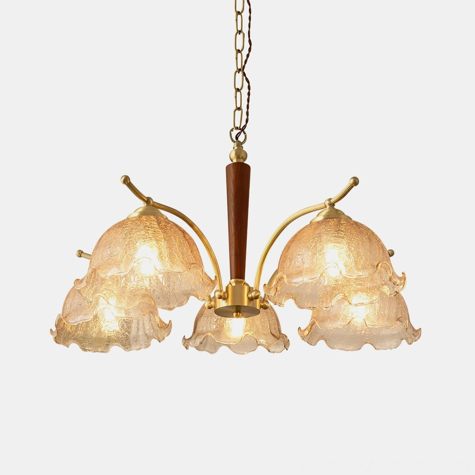 Complete view of vintage Murano brass and cognac glass chandelier with all 5 heads illuminated