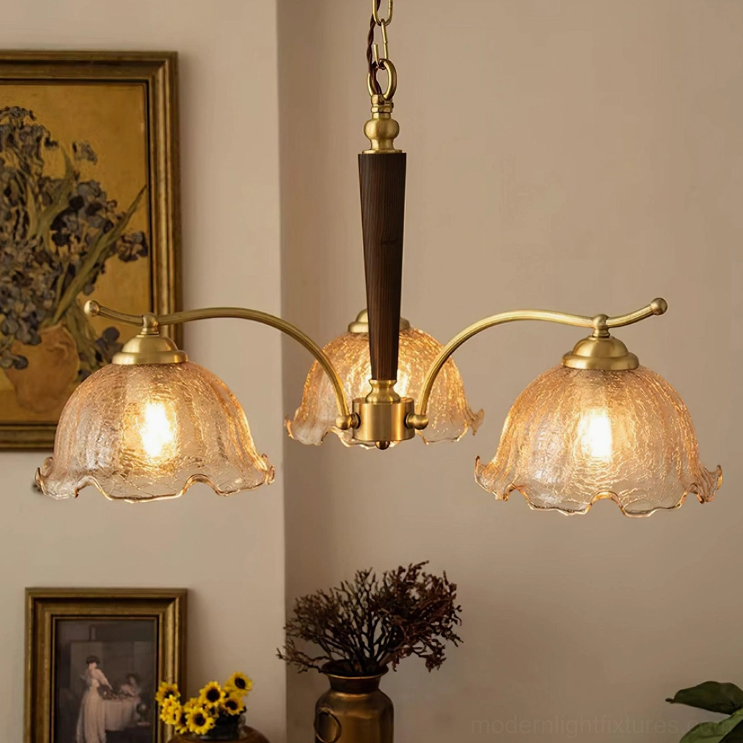 3-head 73cm Murano chandelier in Brass & Cognac finish, complete product view