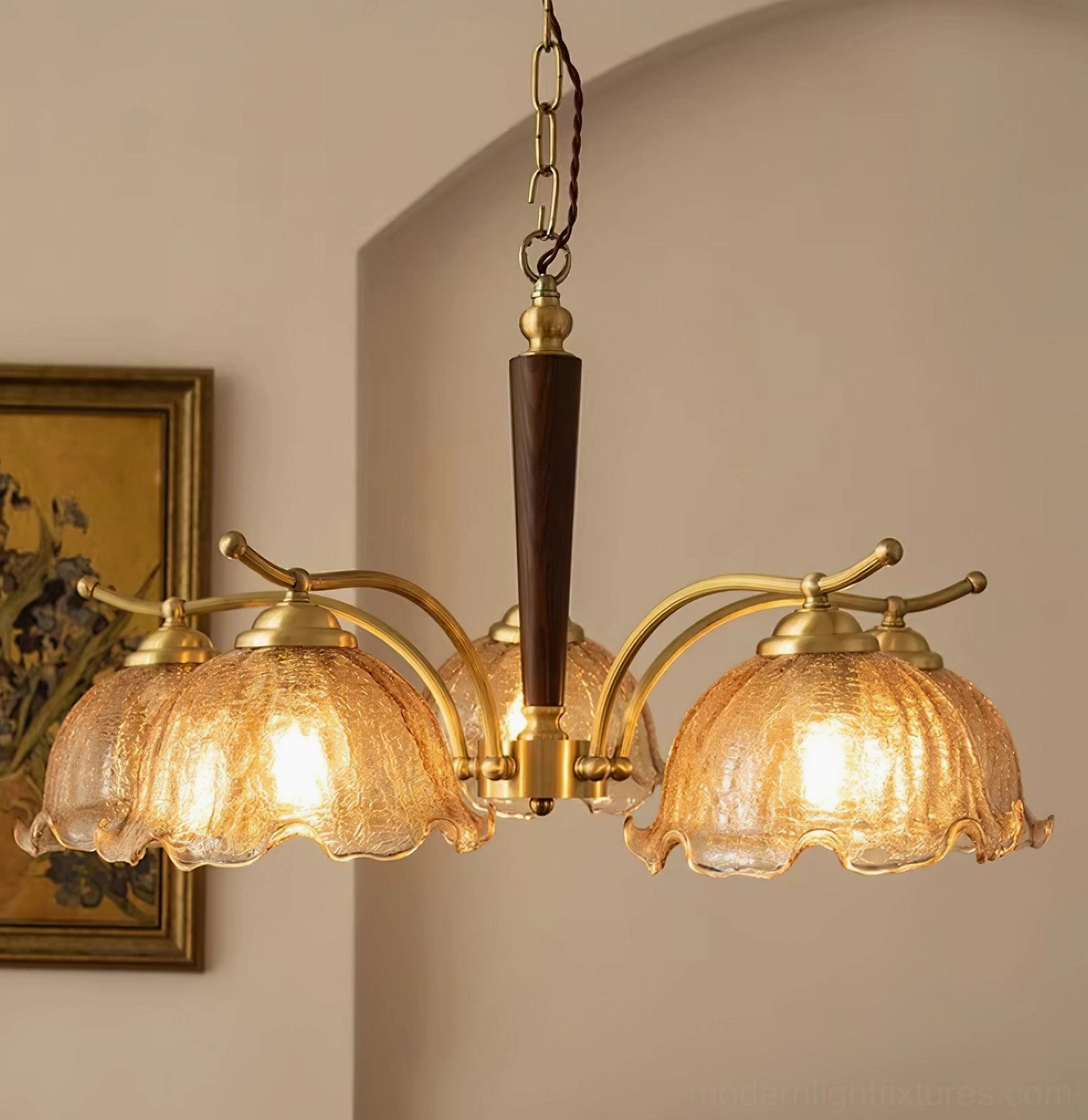 5-head 80cm Murano glass chandelier in Brass & Cognac finish, product detail view