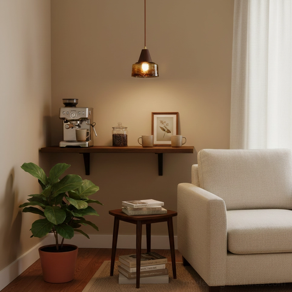 Single Murano amber glass pendant light in cozy residential reading nook corner