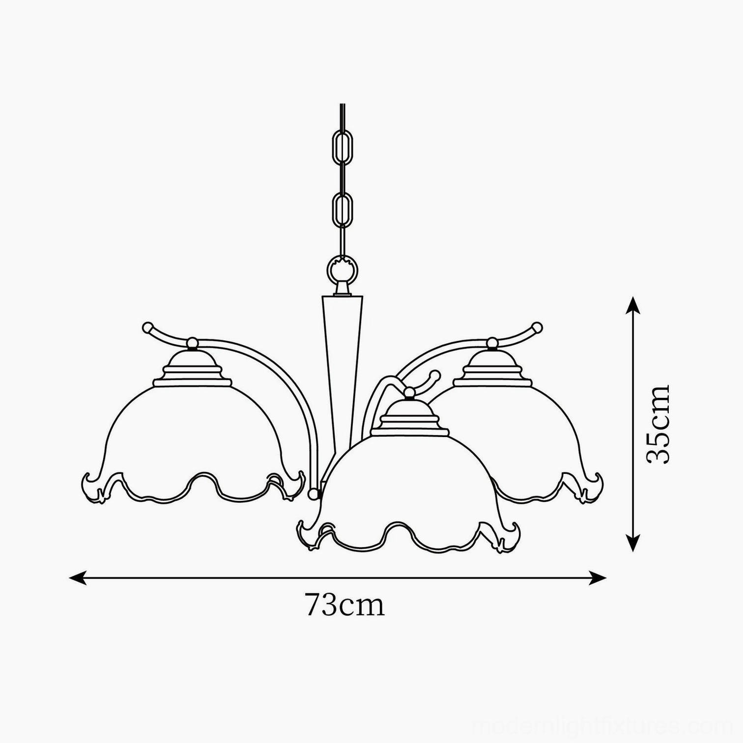 Technical specification drawing of 73cm 3-head Murano chandelier with detailed dimension measurements
