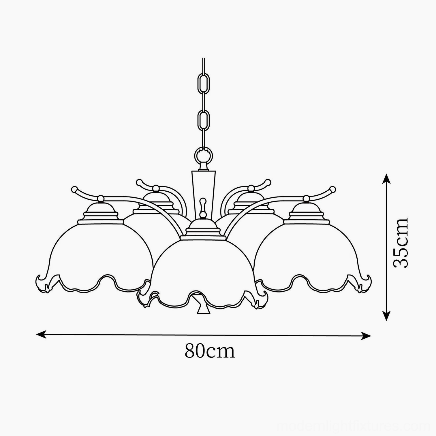 Technical CAD drawing of 80cm 5-head Murano chandelier with annotated size specifications