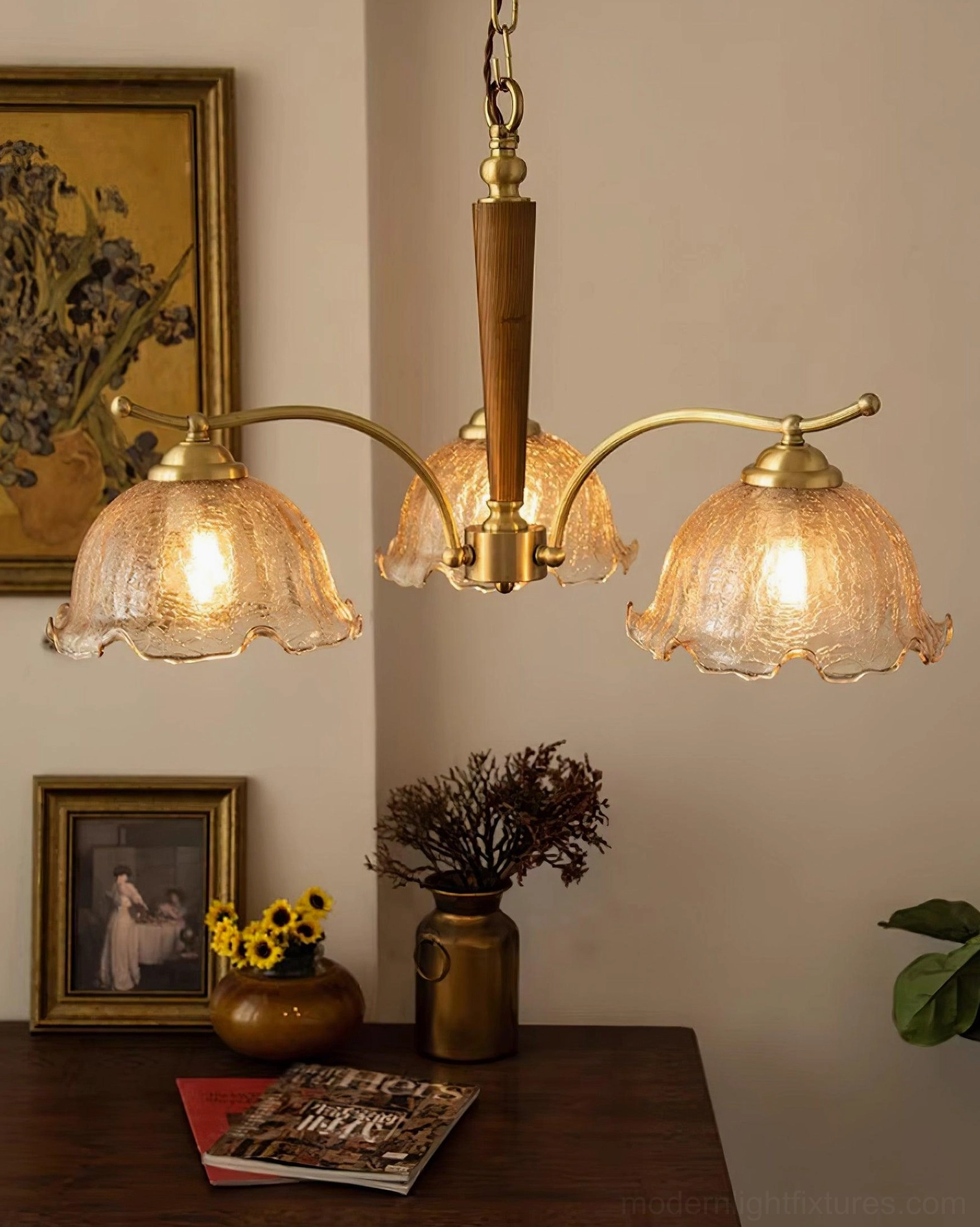 Vintage brass Murano chandelier with cognac amber glass shades creating warm atmospheric lighting