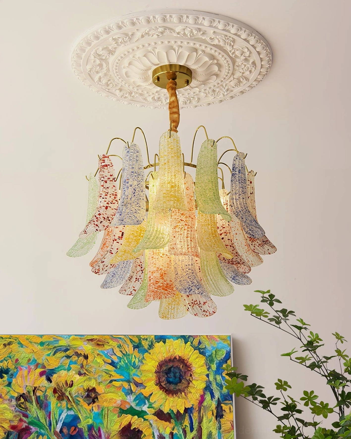 Handcrafted Murano glass chandelier with textured speckled shades in multiple color variations