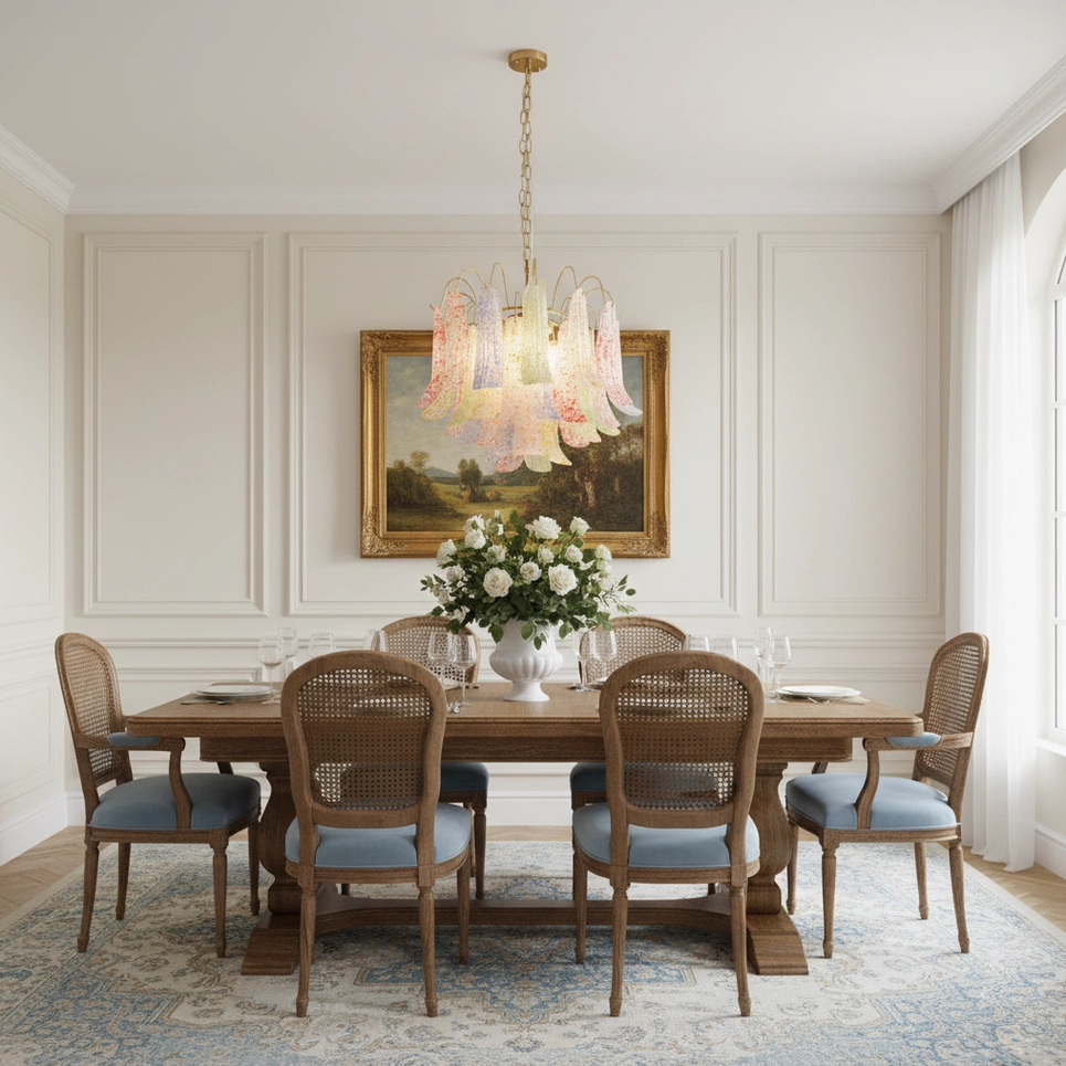 Colored glass Murano chandelier in formal dining room with wooden furniture, classic neutral home style