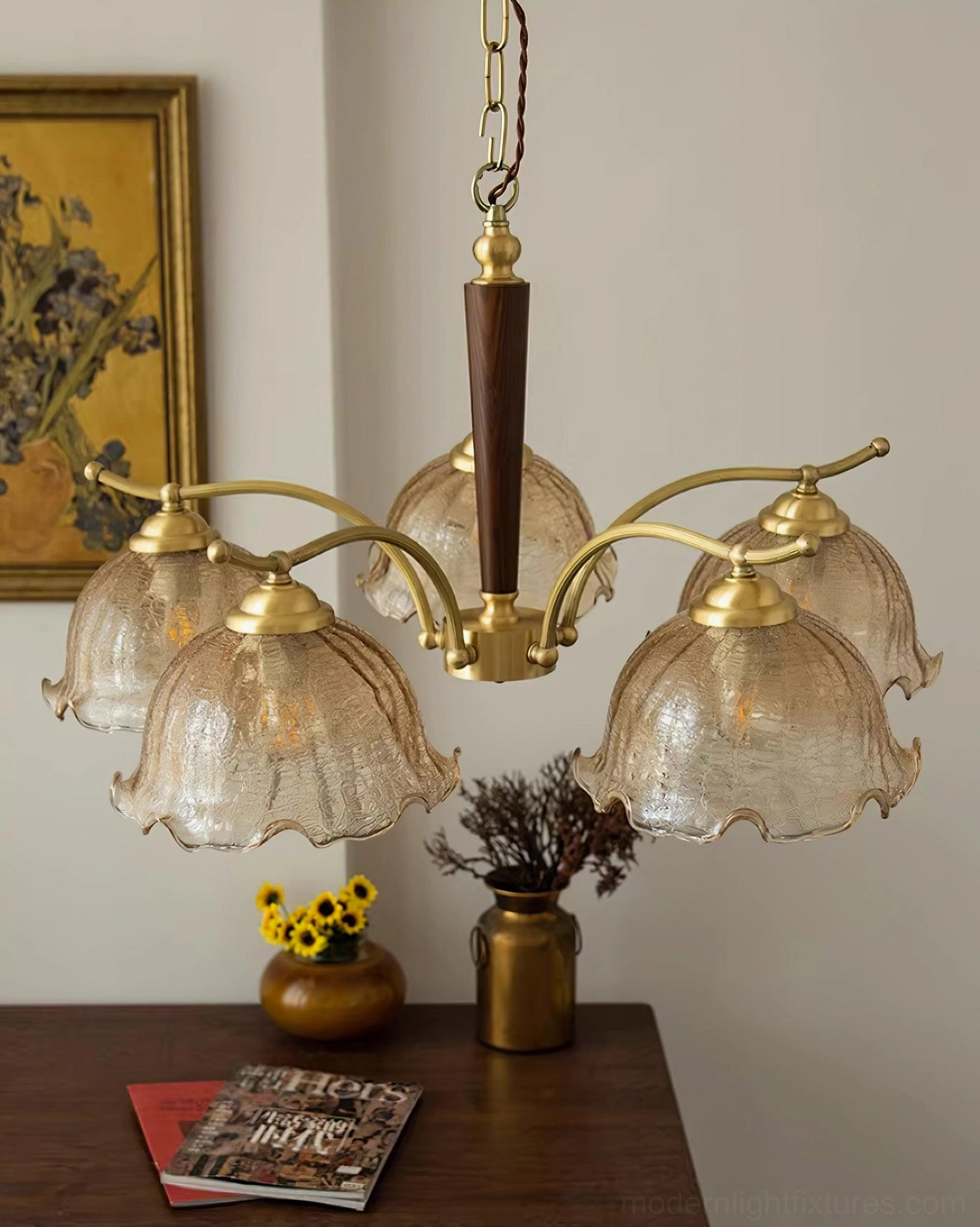 Murano vintage chandelier with handcrafted crackle glass shades and brass metalwork detail