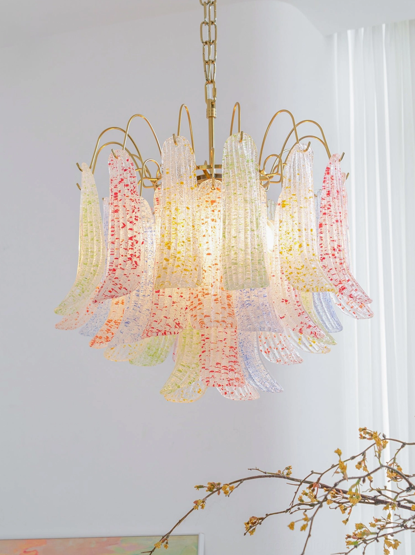 Murano glass chandelier hanging installation view with adjustable 12-inch rod suspension