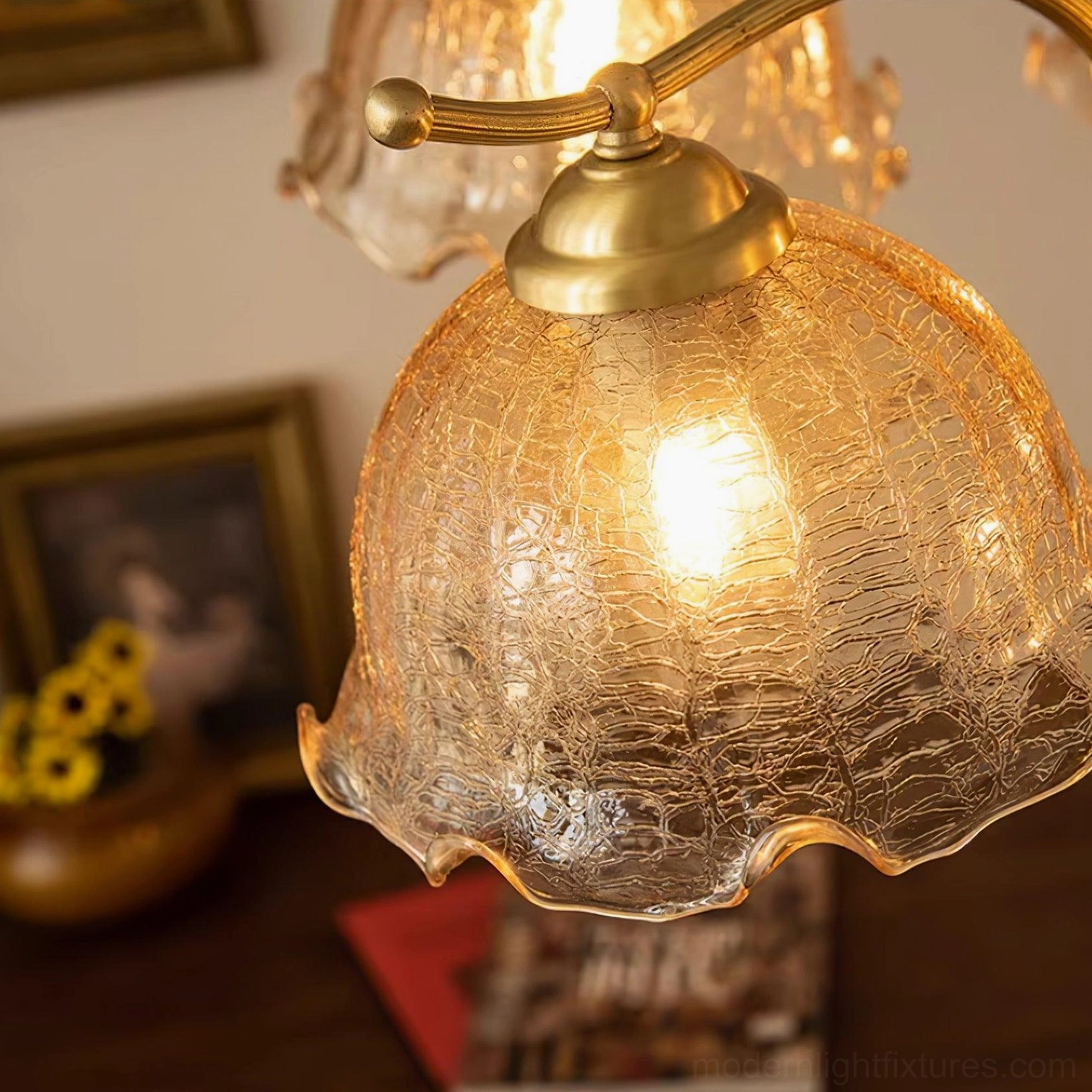 Murano glass chandelier installation showing fixture mounted with hanging chain and electrical components
