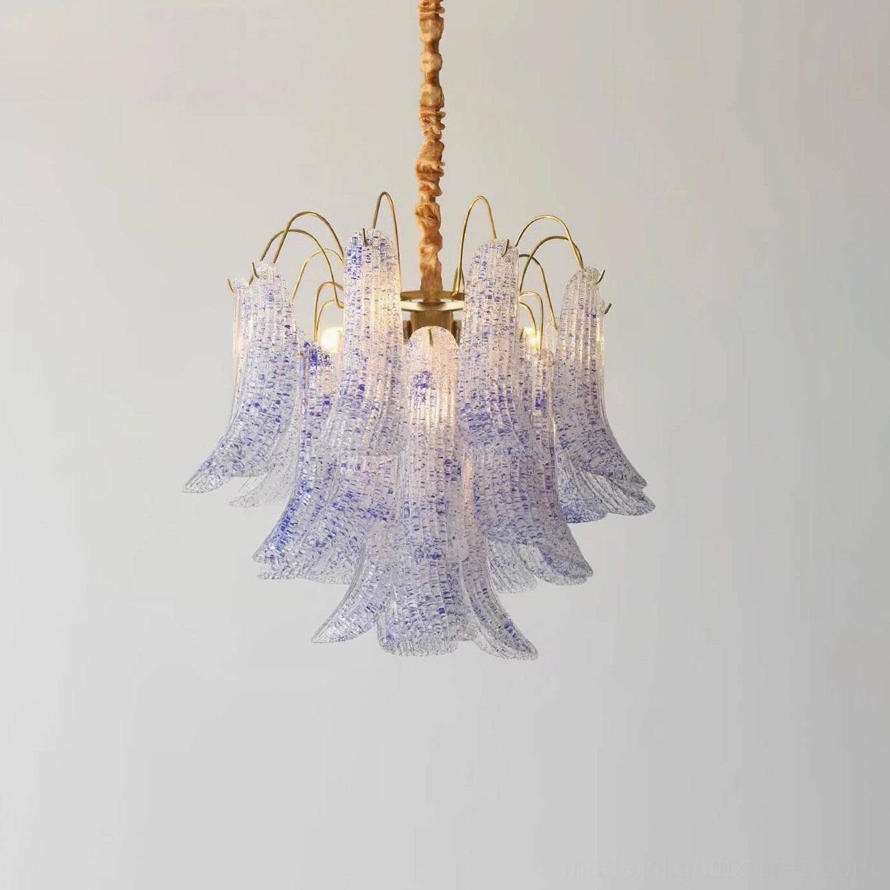 Murano glass chandelier brass metal frame with hanging chain and fabric cord detail