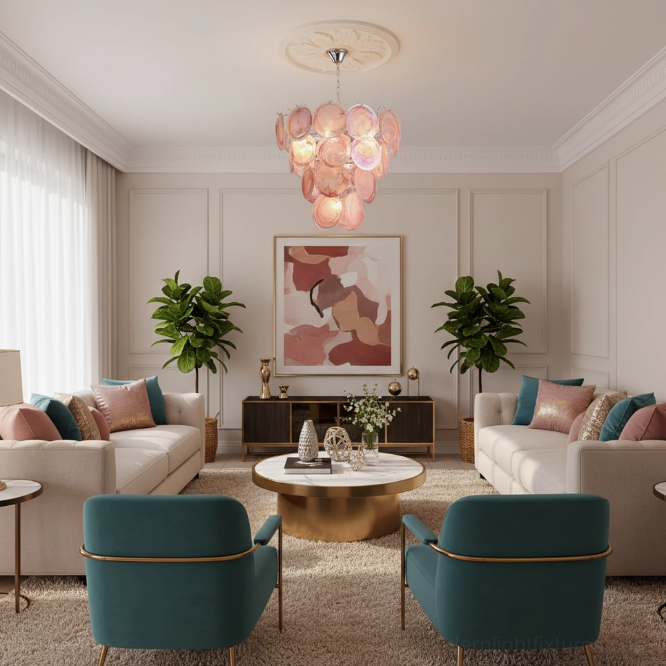 Pink Murano glass chandelier hanging in modern luxury living room with contemporary seating arrangement