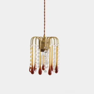 Vintage Murano crystal waterfall pendant light with brass frame and caramel glass drops, front view studio photography