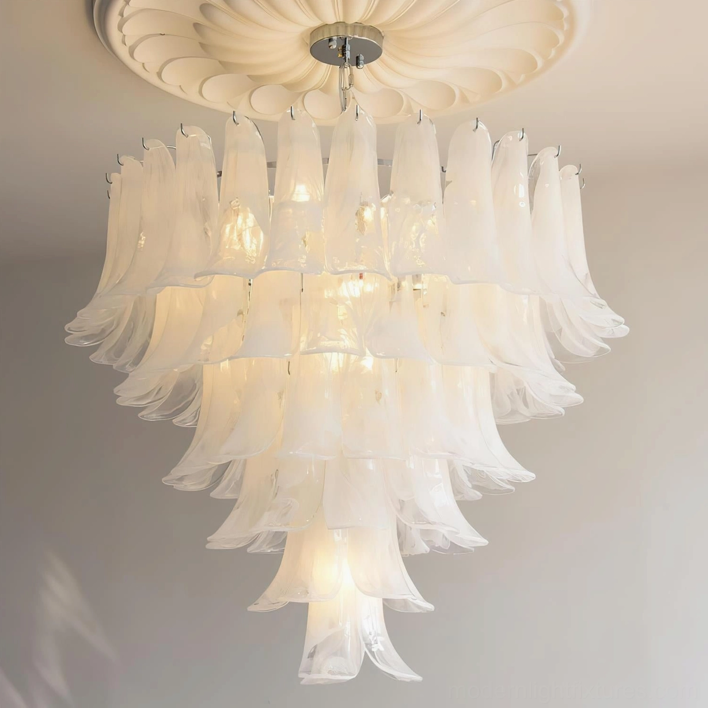 Hand-blown Murano glass petal chandelier demonstrating artisanal craftsmanship and organic form