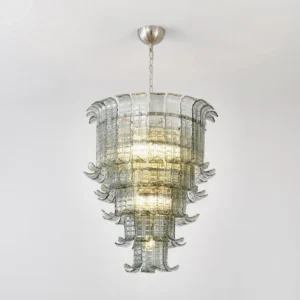 Modern tiered Murano glass chandelier angled perspective, polished silver fixtures, contemporary luxury style