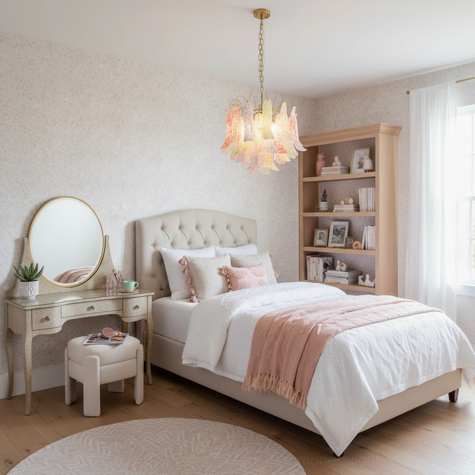 Venetian Murano glass chandelier in master bedroom with French romantic decor, warm ambient lighting