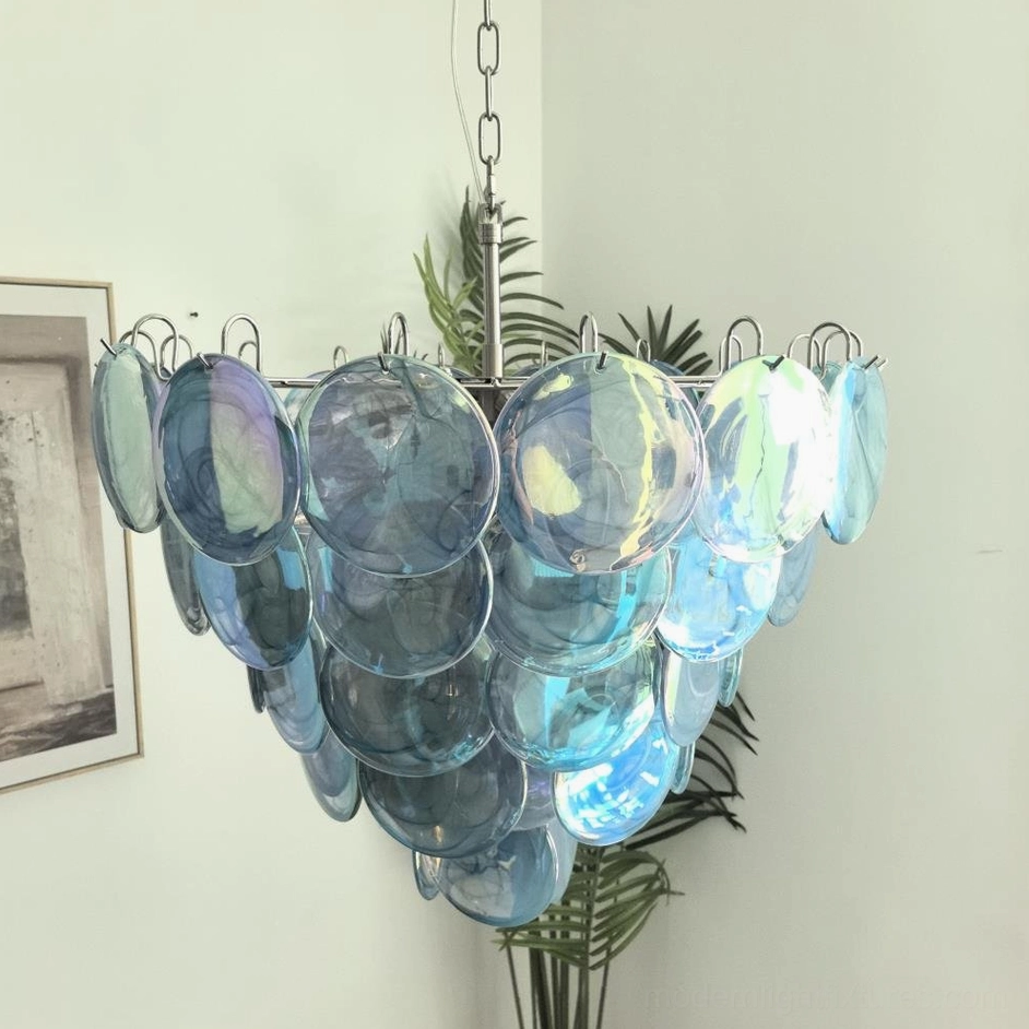 Blue hand-blown Murano glass disc chandelier pendant with chrome metalwork and natural iridescence