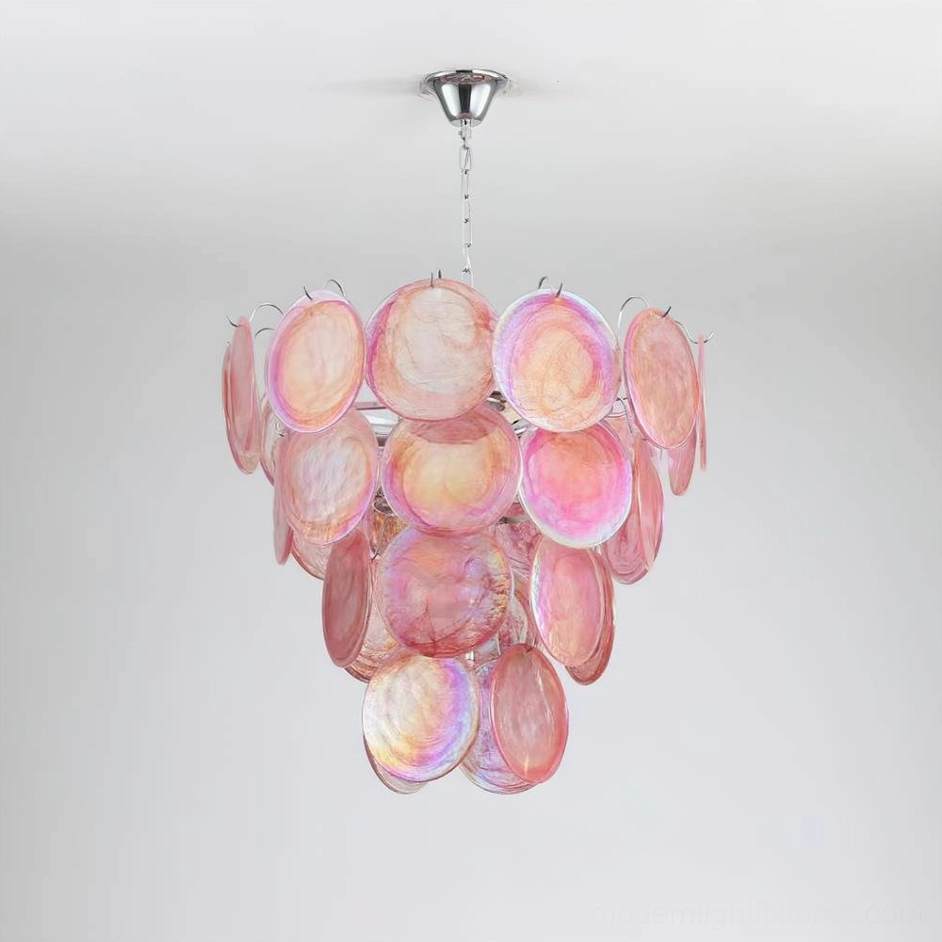 Blue hand-blown Murano glass disc chandelier pendant light fixture overhead installation