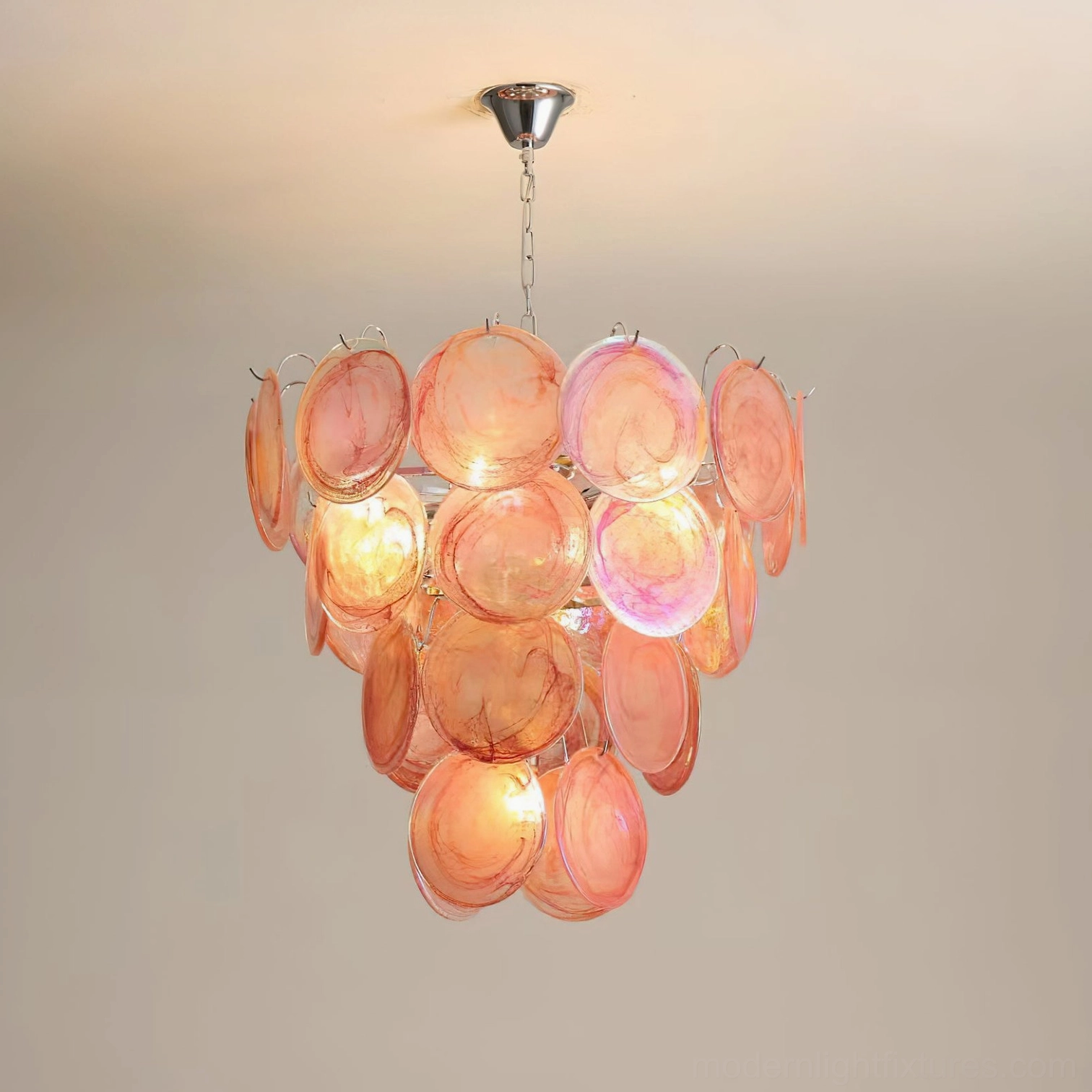 Blue iridescent Murano glass disc chandelier close-up view of hand-blown glass craftsmanship