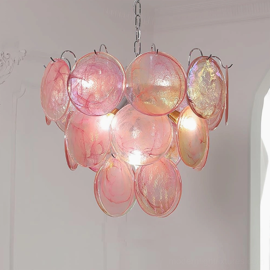 Hand-blown Murano glass disc chandelier showing cascading iridescent glass discs and chrome metalwork