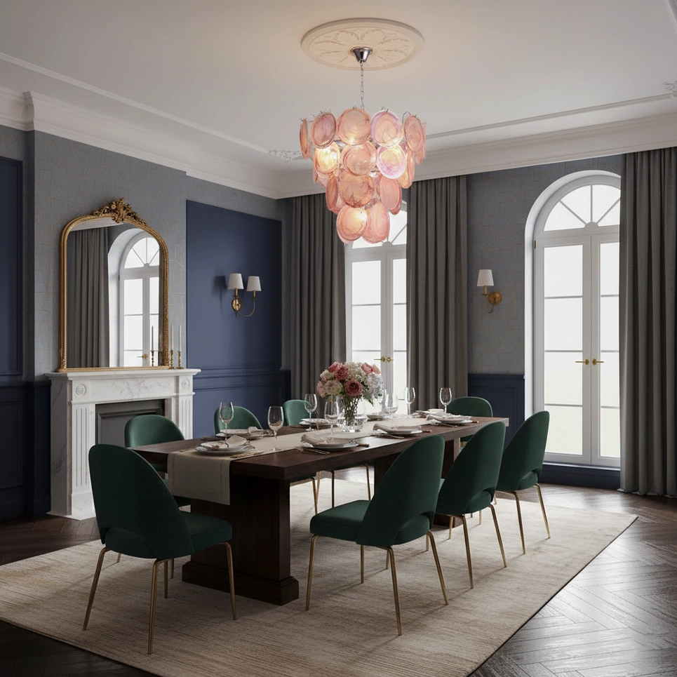 Murano glass disc chandelier multi-color options comparison showing pink blue green orange smoke grey