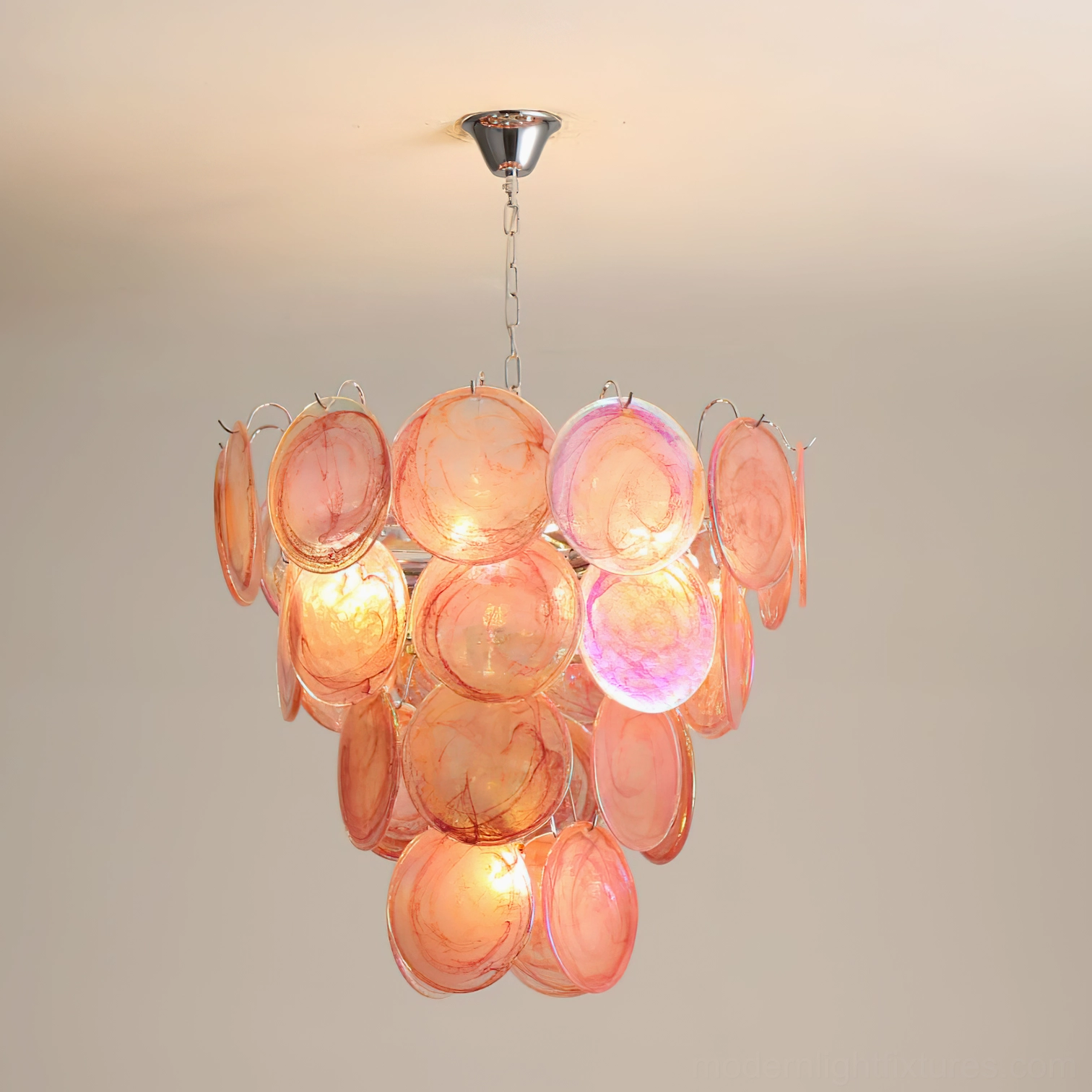 Green iridescent Murano glass disc chandelier showing natural color variations and glass texture