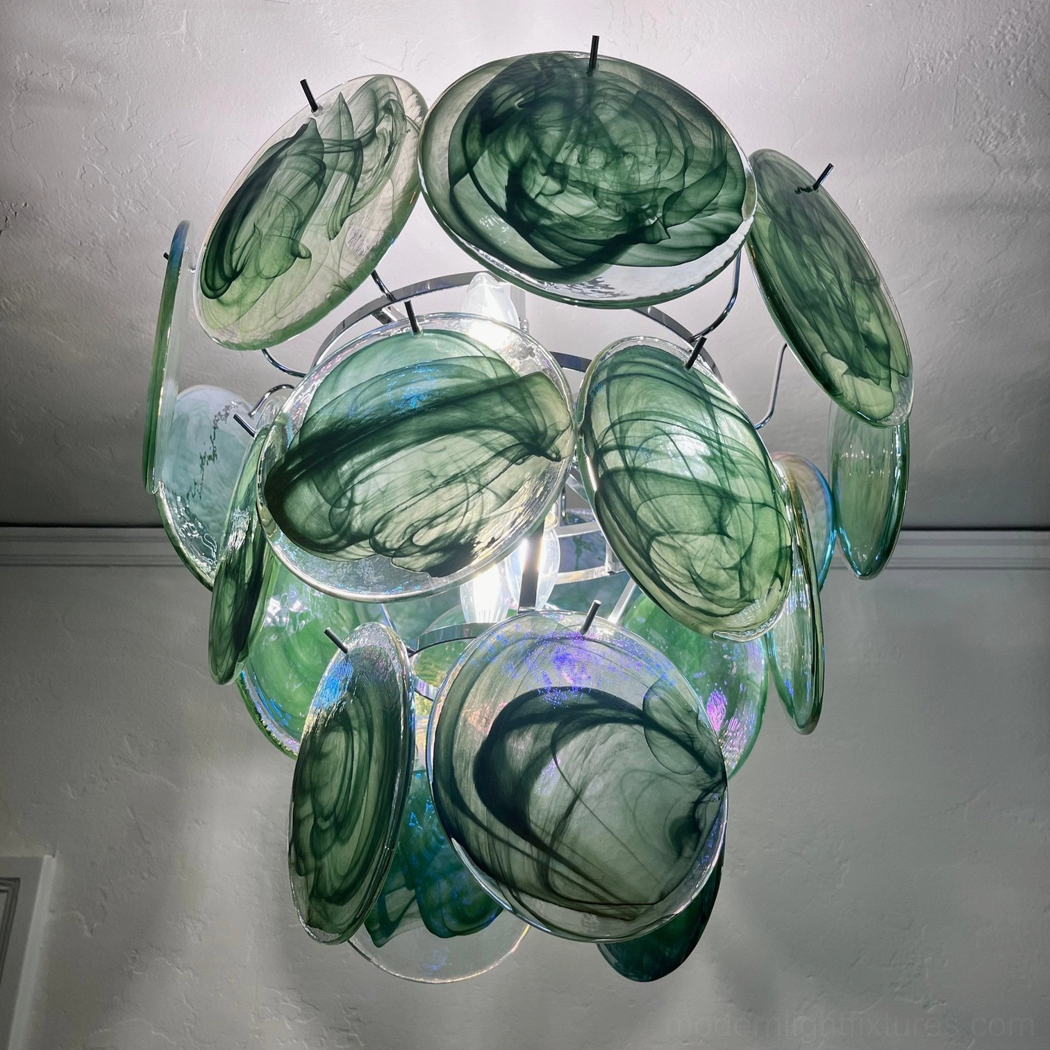 Green iridescent hand-blown Murano glass disc chandelier pendant light with layered glass design