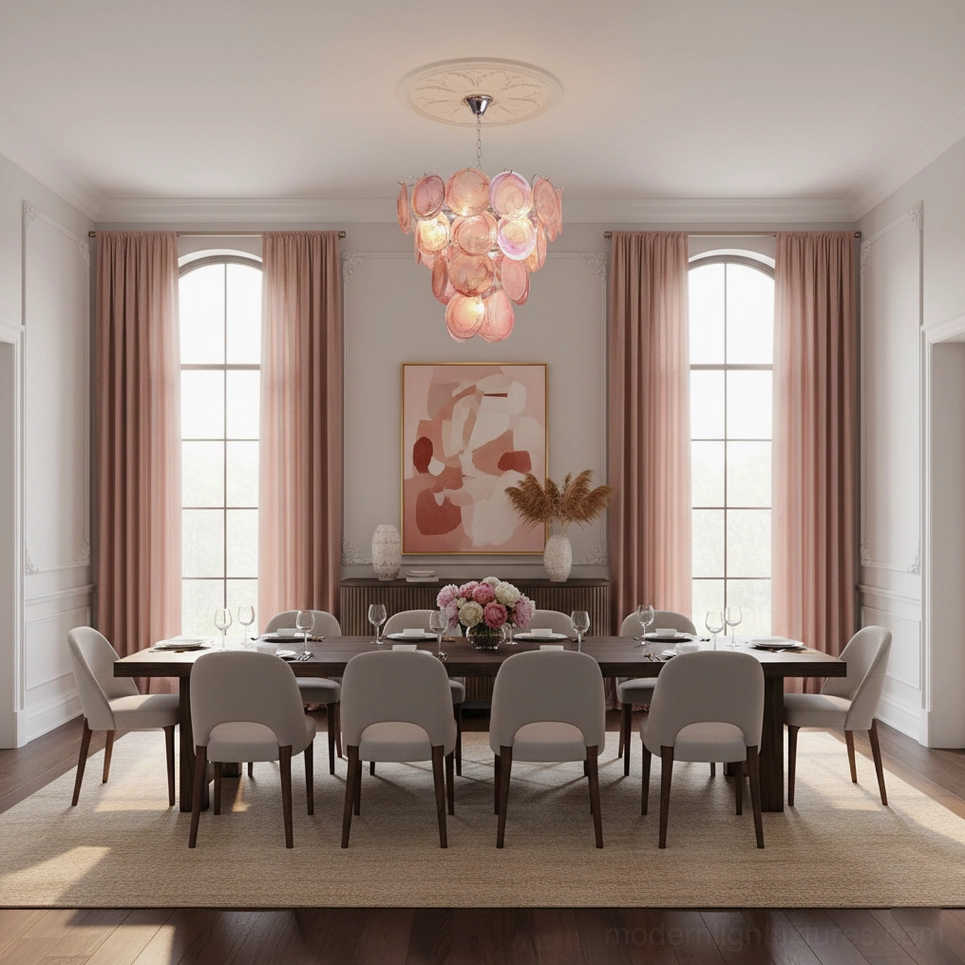 Pink iridescent Murano glass chandelier in sophisticated living room with fireplace and dark green accent wall