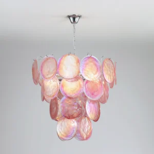 Close-up detail of pink iridescent glass discs in Murano chandelier showing hand-blown craftsmanship and chrome frame