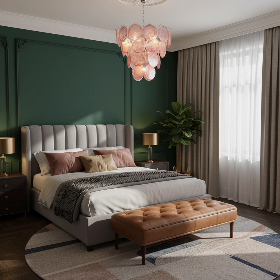 Pink iridescent glass disc chandelier in romantic master bedroom with warm ambient lighting