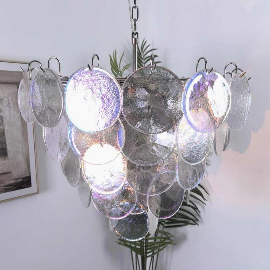 Smoke grey iridescent Murano glass disc chandelier artistic light fixture for luxury homes