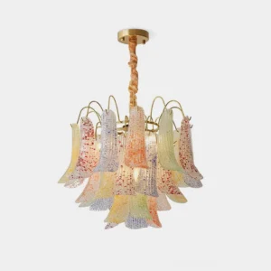 Murano glass chandelier with handcrafted speckled glass shades in vintage Venetian style, front studio view on white backdrop