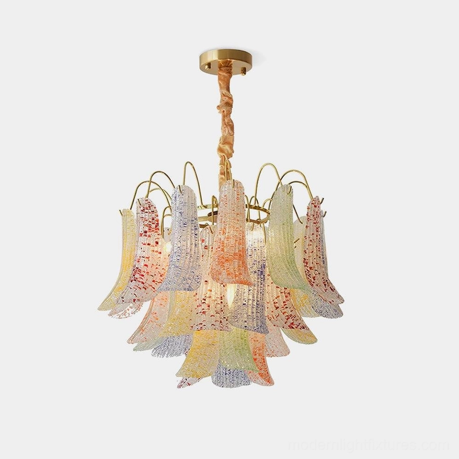 Murano glass chandelier with handcrafted speckled glass shades in vintage Venetian style, front studio view on white backdrop