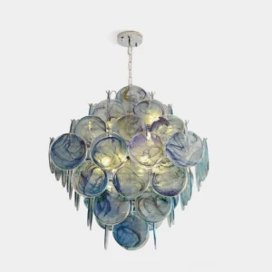 Carmosa Murano glass disc chandelier front view studio shot with blue marbled glass discs and chrome hardware on white background