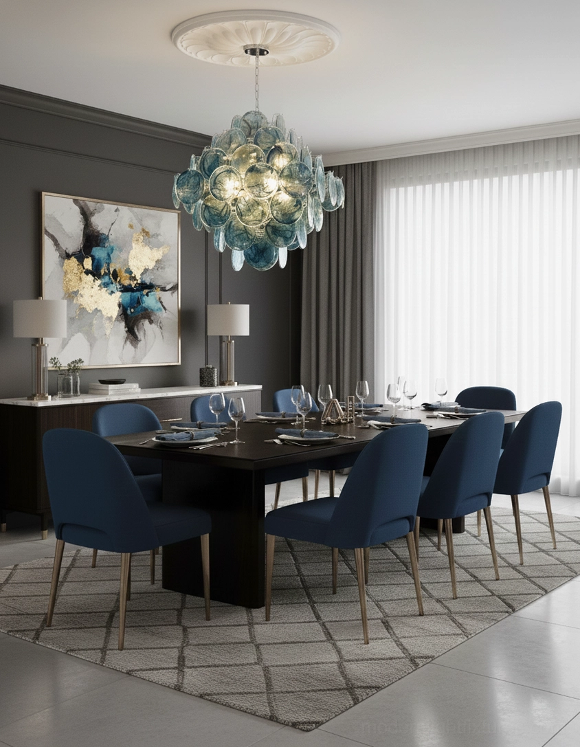 Murano-style glass disc chandelier mounted view in contemporary home showing minimalist aesthetic and artistic presence