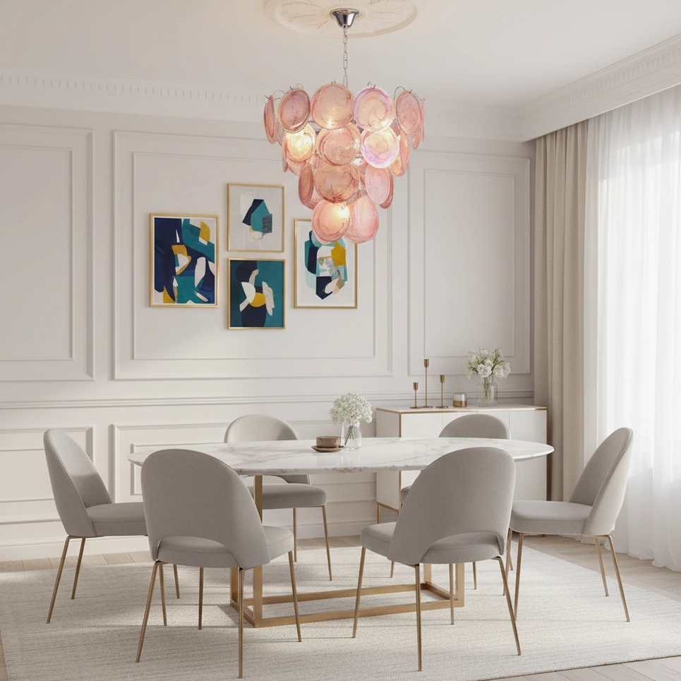 Murano glass disc chandelier with iridescent pink tones in contemporary interior design setting