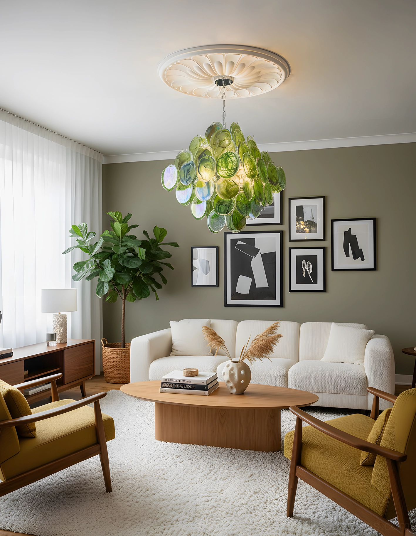 Modern Murano-style glass disc chandelier detail view showcasing hand-blown craftsmanship and light refraction