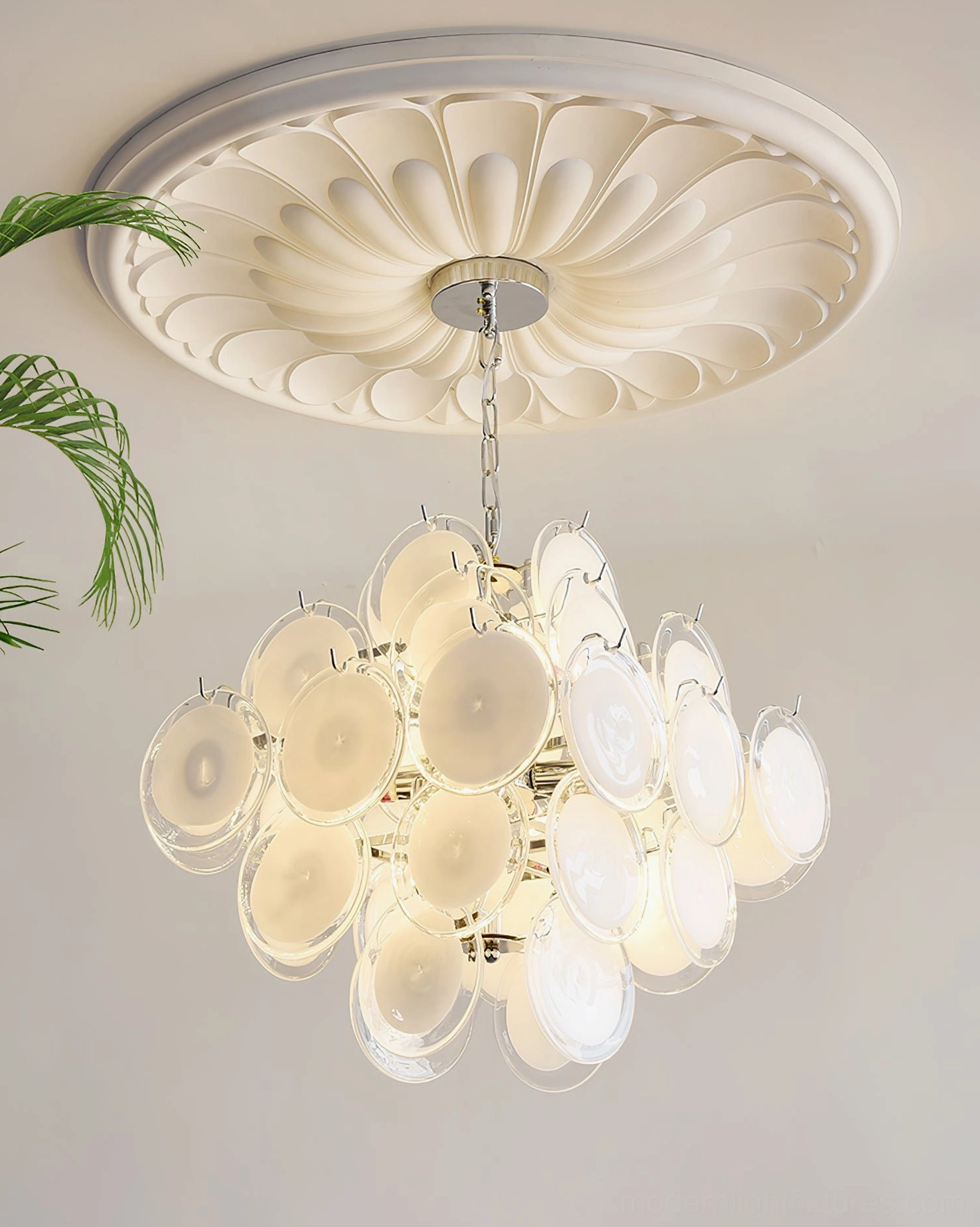 Murano glass disc chandelier hotel lobby luxury commercial interior view showcasing upscale application