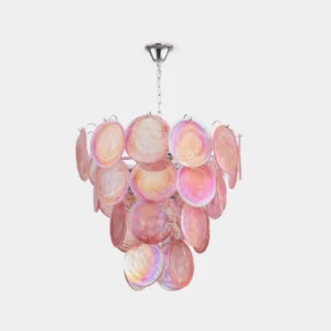 Pink iridescent hand-blown Murano glass disc chandelier with chrome suspension hardware, overhead studio view