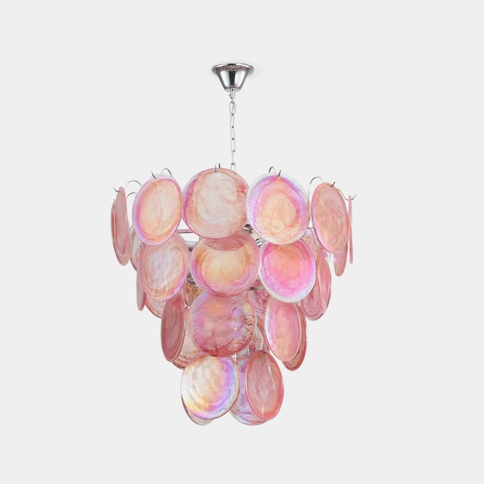 Pink iridescent hand-blown Murano glass disc chandelier with chrome suspension hardware, overhead studio view