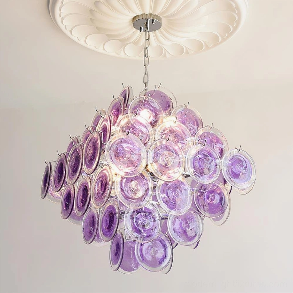 Murano glass disc chandelier purple color option installed view in luxury modern interior setting
